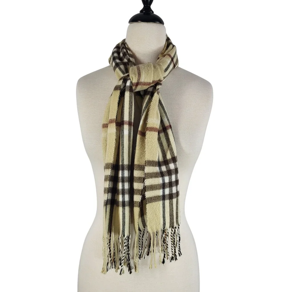 Cashmere Blend Plaid Scarf Made in Italy Tan Brown Fringe Preppy Academic Ivy‎